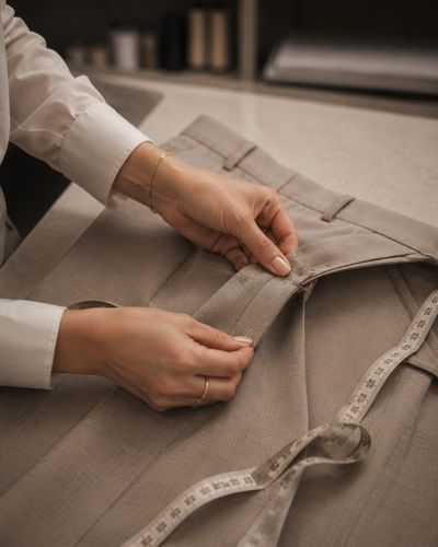 A trouser waistband pinned on a worktable beside a tape measure