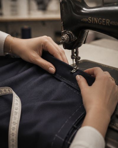 A navy trouser hem stitched on a vintage sewing machine, with a tape measure alongside