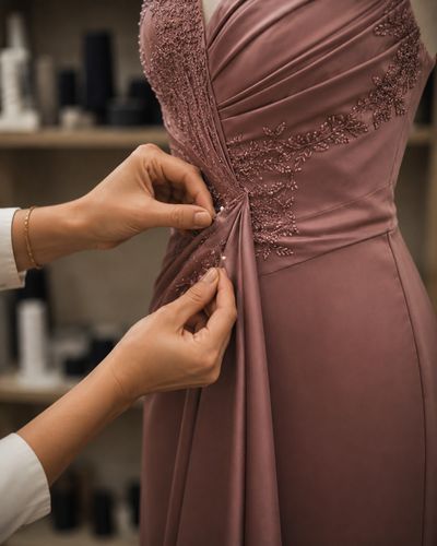 Beaded detail pinned at the draped waist of a rose-pink occasion dress